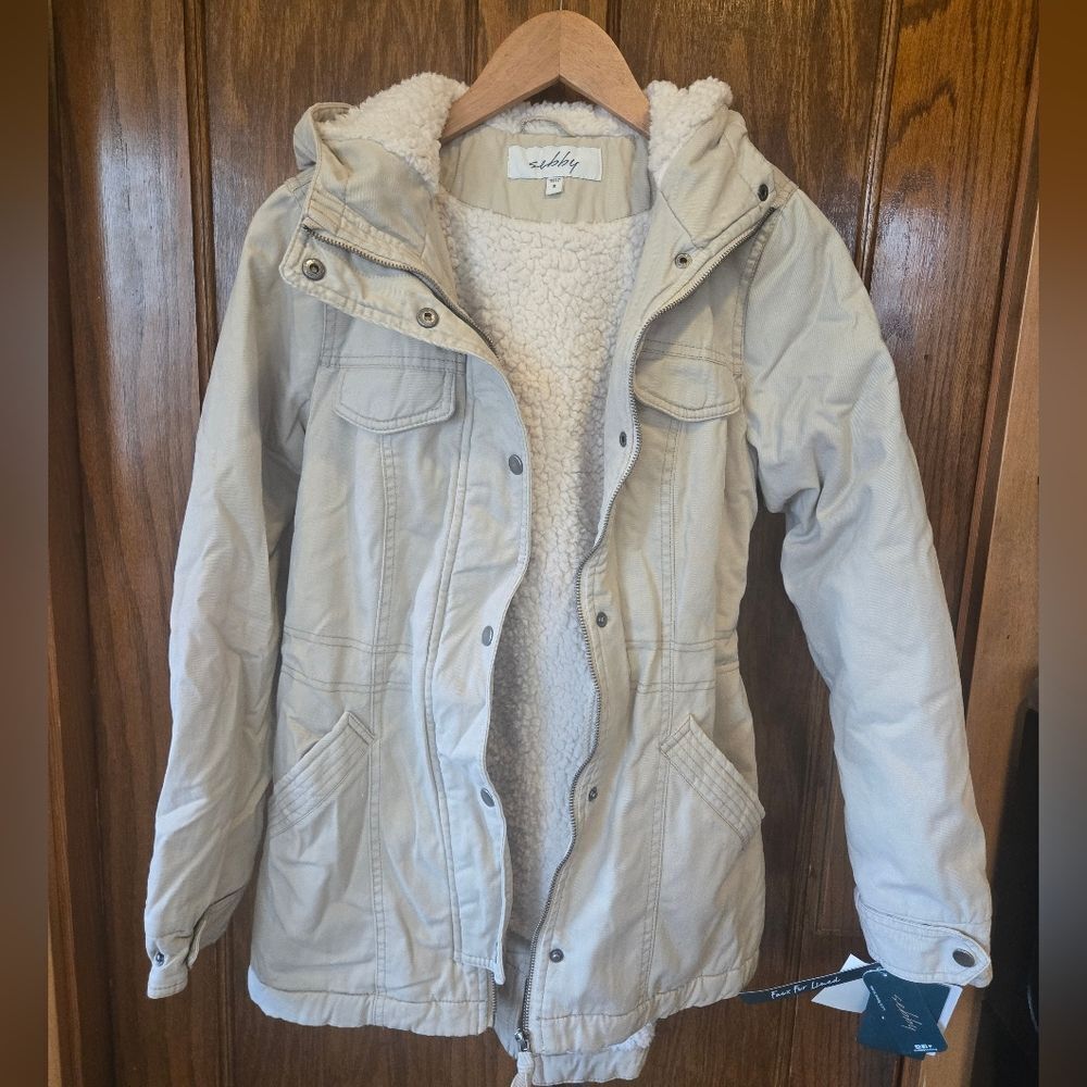 Women's Cream Jacket with Sherpa Lining And Hood Sz Small